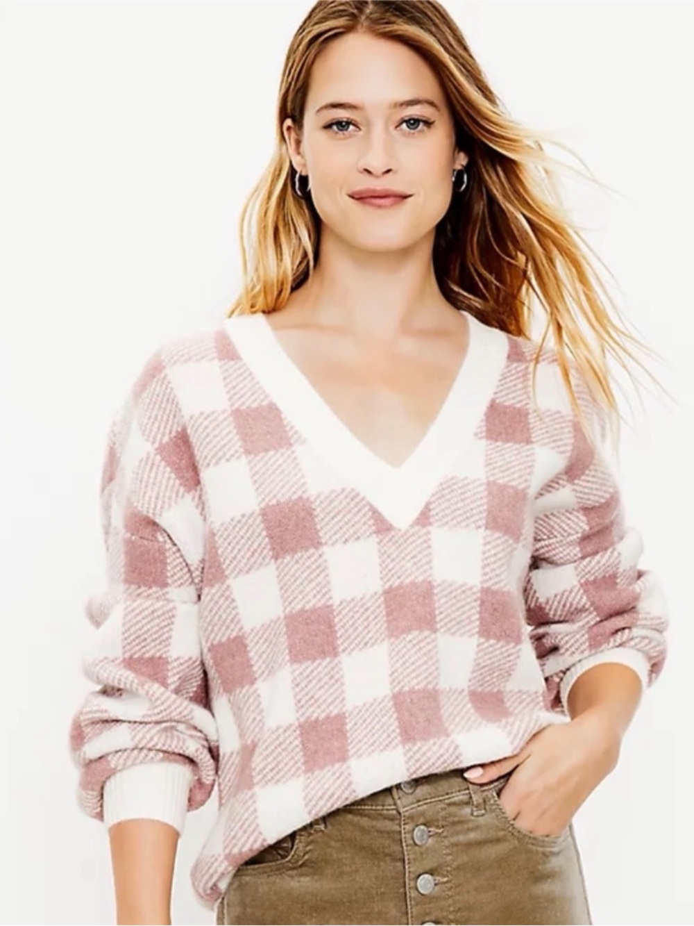 LOFT Soft Knit Checked V-Neck Sweater Size XS